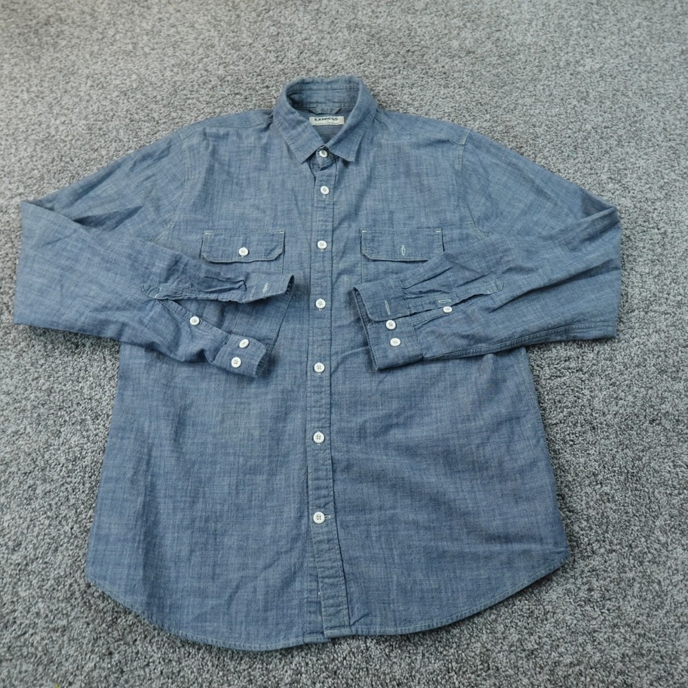 Express Shirt Mens L Light Blue Chambray Denim Button Up Long Sleeve Casual Work